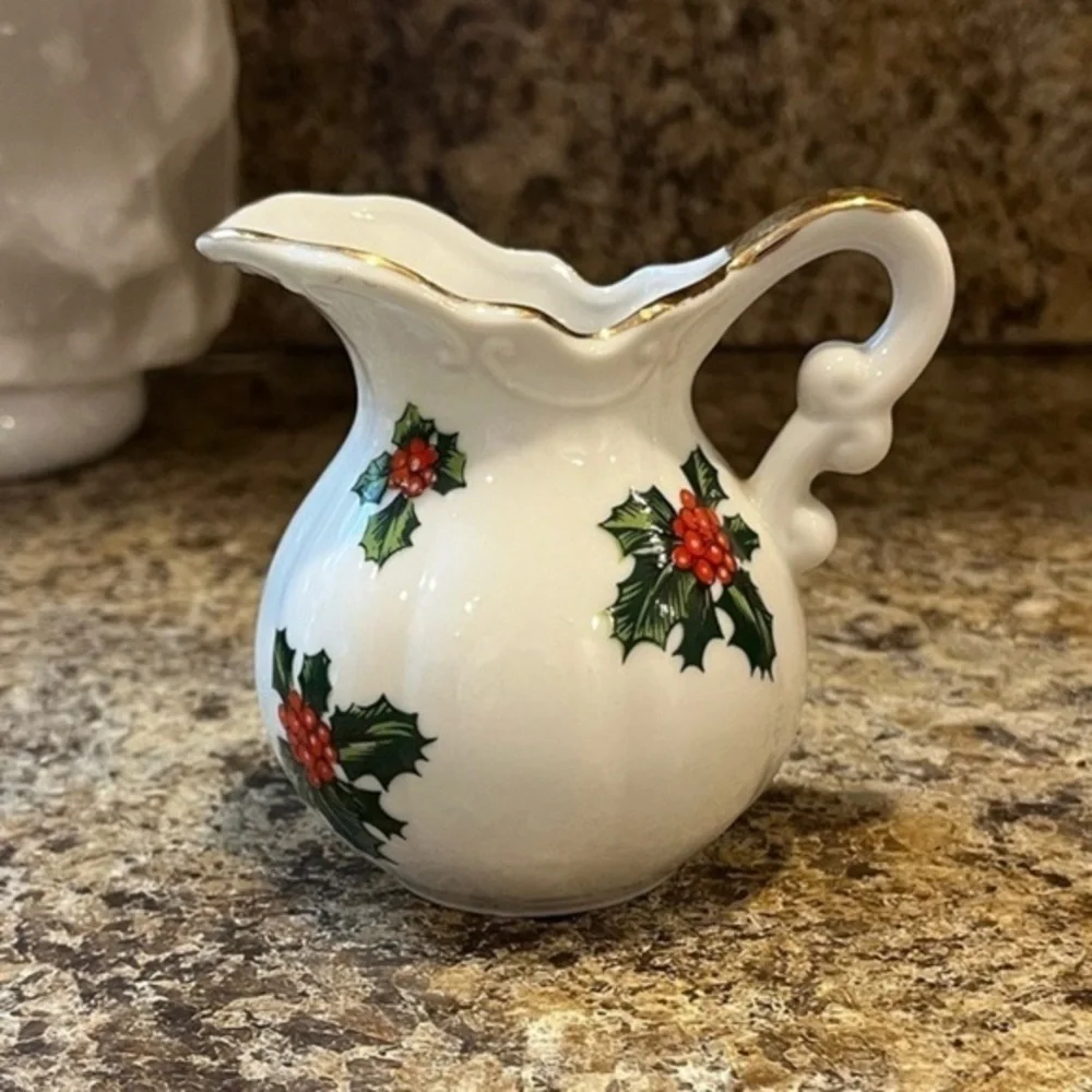 Vintage Lefton China Creamer Mini Pitcher with Hand Painted Holly Berry Design